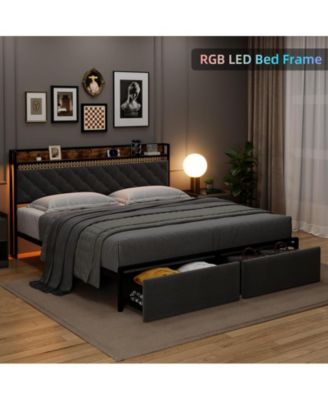 King Size Led Bed Frame with Headboard and 2 Storage Drawers, Upholstered Platform Bed with Charging Station, No Box Spring Needed