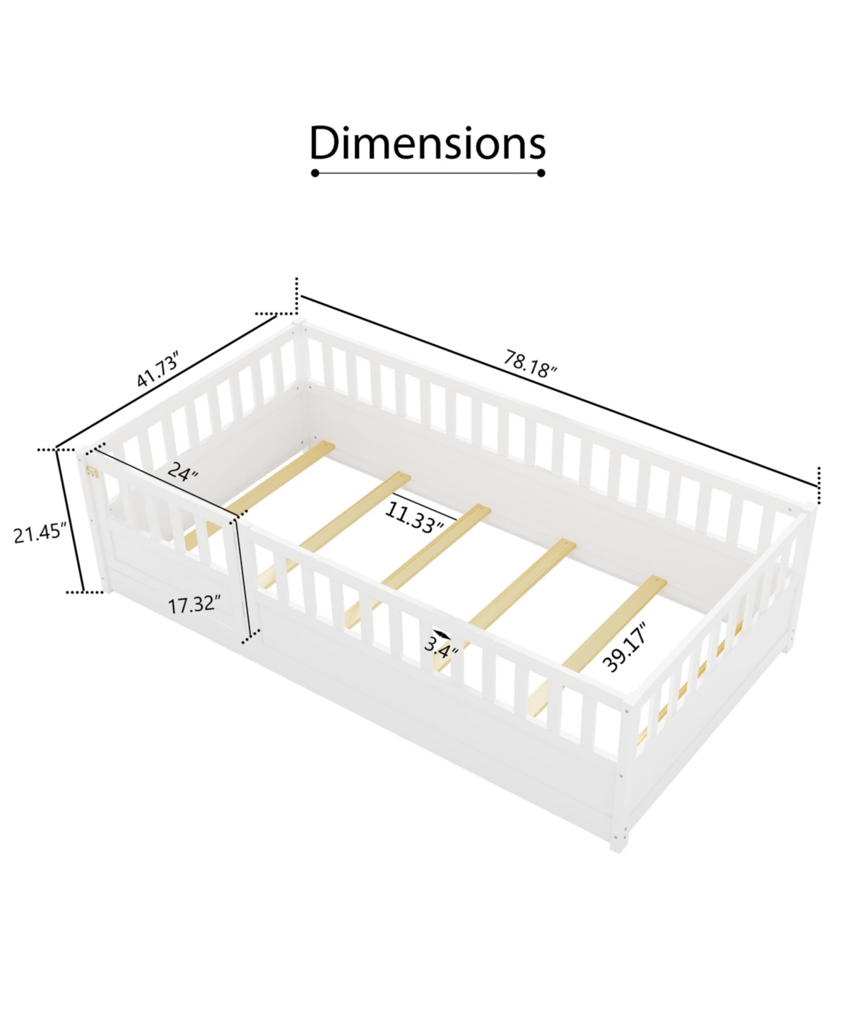 Slickblue Twin Size Montessori Wooden Floor Bed – Features Integral Construction with High Security Barrier and Door - White