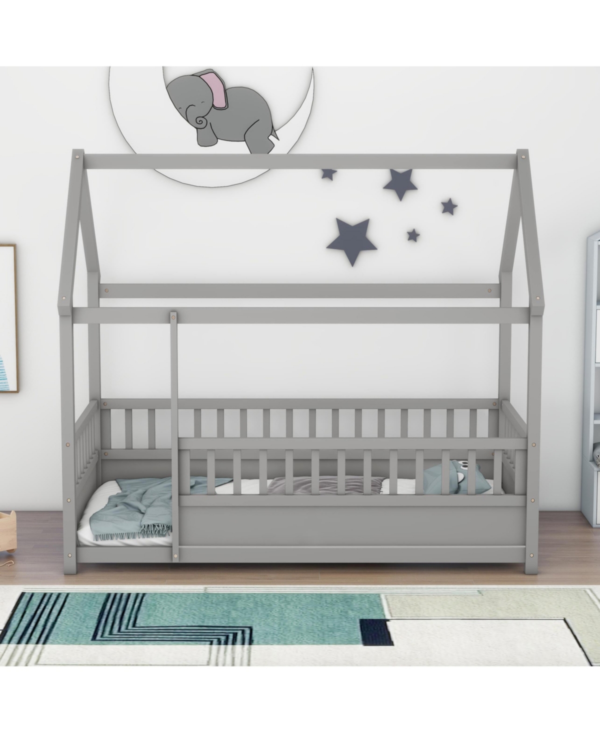 Slickblue Twin Size Floor Wooden Bed with House Roof Frame, Fence Guardrails