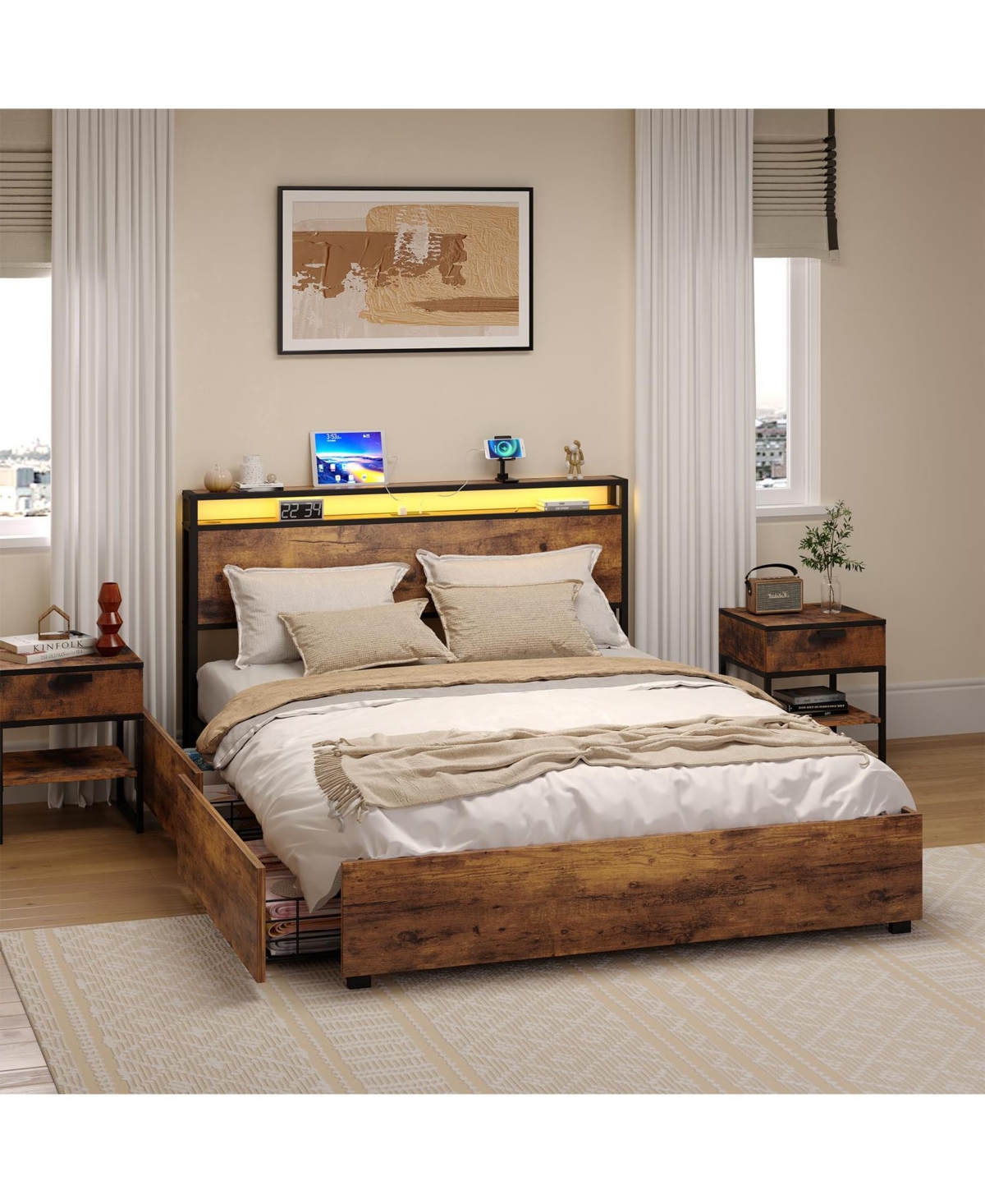 gaomon Bed Frame with Storage Headboard & 4 Drawers, Industrial Wood Platform Bed with Led Headboard and Usb Outlets, Strong Slat Support, Easy