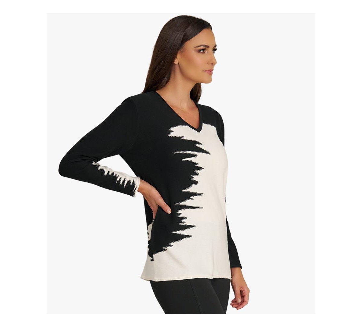 Stella Carakasi Women's Long Sleeve Colorblock Cotton Cashmere Blend Pullover Statement Sweater