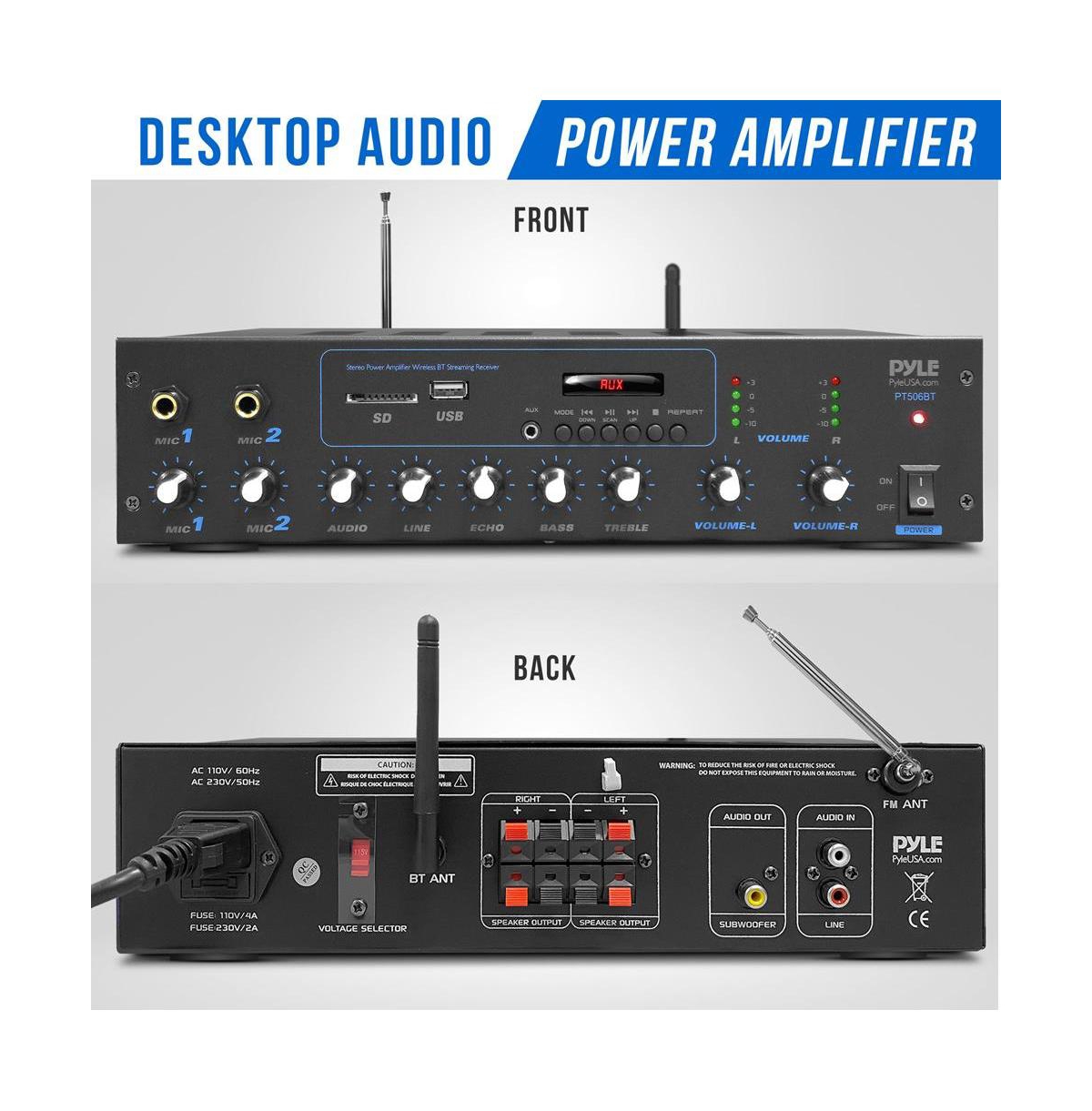 Pyle Bluetooth Audio Amplifier System With Fm Radio, Microphone Inputs, MP3/Usb/Sd/Aux Playback, 600 Watt