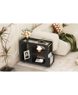 Lockable Mobile End Table with Fluted Tempered Glass