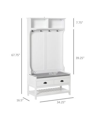 3-in-1 Hall Tree, Entryway Bench with Coat Rack, Mudroom Bench with Shoe Rack, 2 Storage Drawers, 4 Hooks and Padded Seat Cushions for Hallway, White
