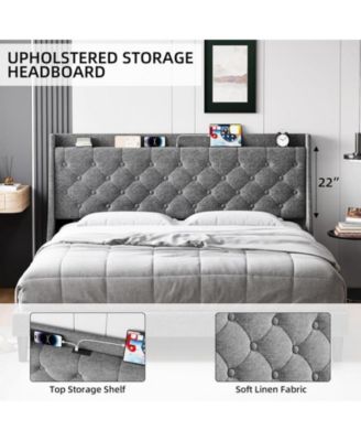 King Size Bed Frame with Charging Ports & Storage Shelf, Upholstered Platform Bed with Wingback Headboard, No Box Spring Needed, Gray