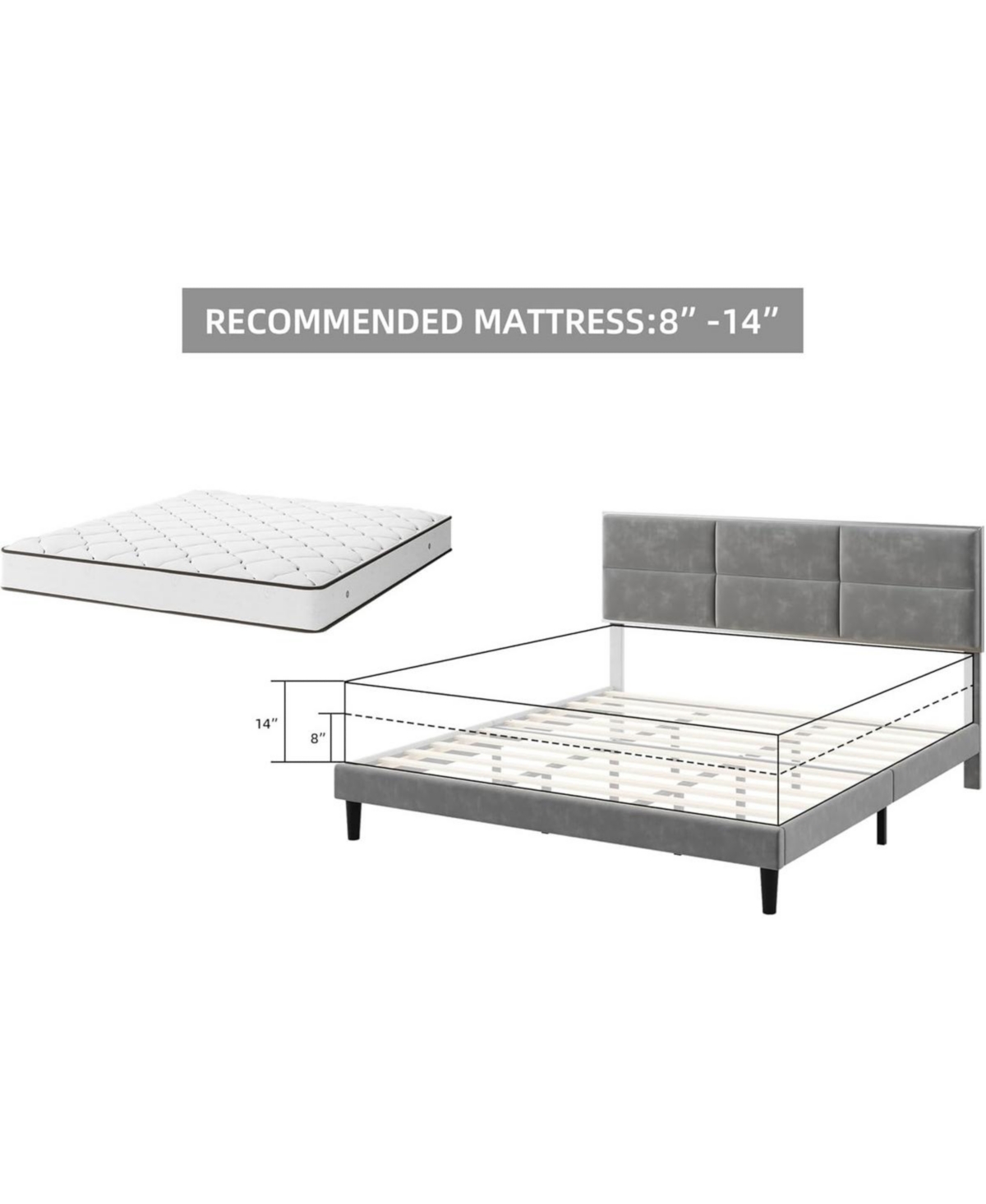 gaomon Size Bed Frame, Velvet Upholstered Platform Bed Frame with Headboard, Wooden Slats Support, No Box Spring Needed, Easy Assembly, Gray - Gr