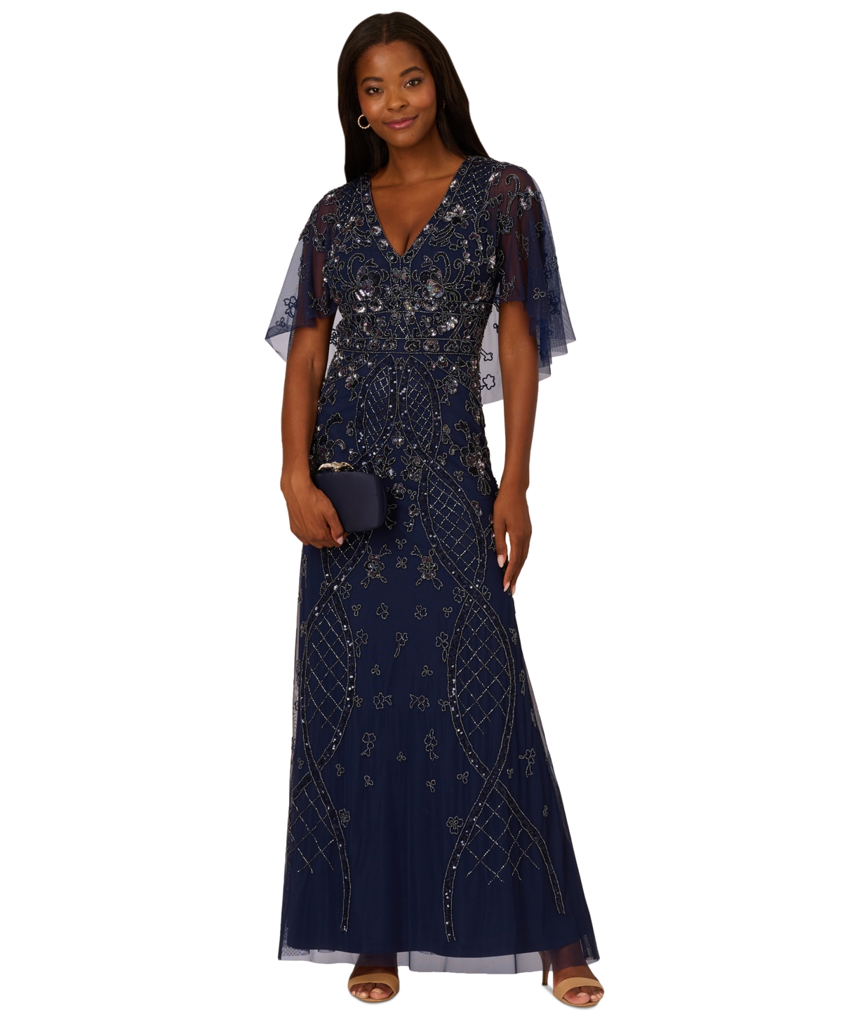 Adrianna Papell Petite Embellished Cape Sleeve Gown Moonscape Smart Closet