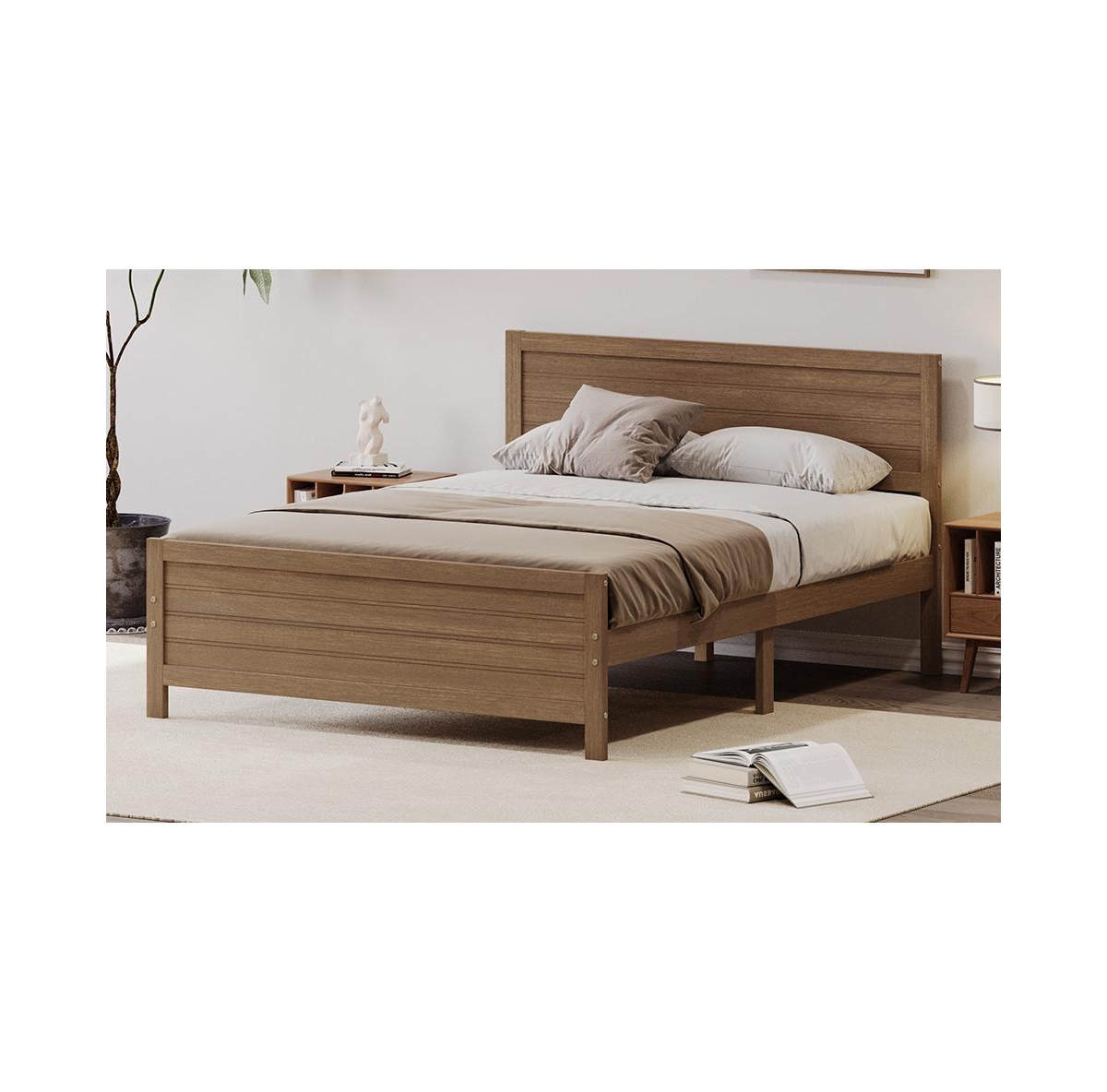 Slickblue Wood Platform Bed Frame with Headboard, Mattress Foundation with Wood Slat Support, No Box Spring Needed- Walnut
