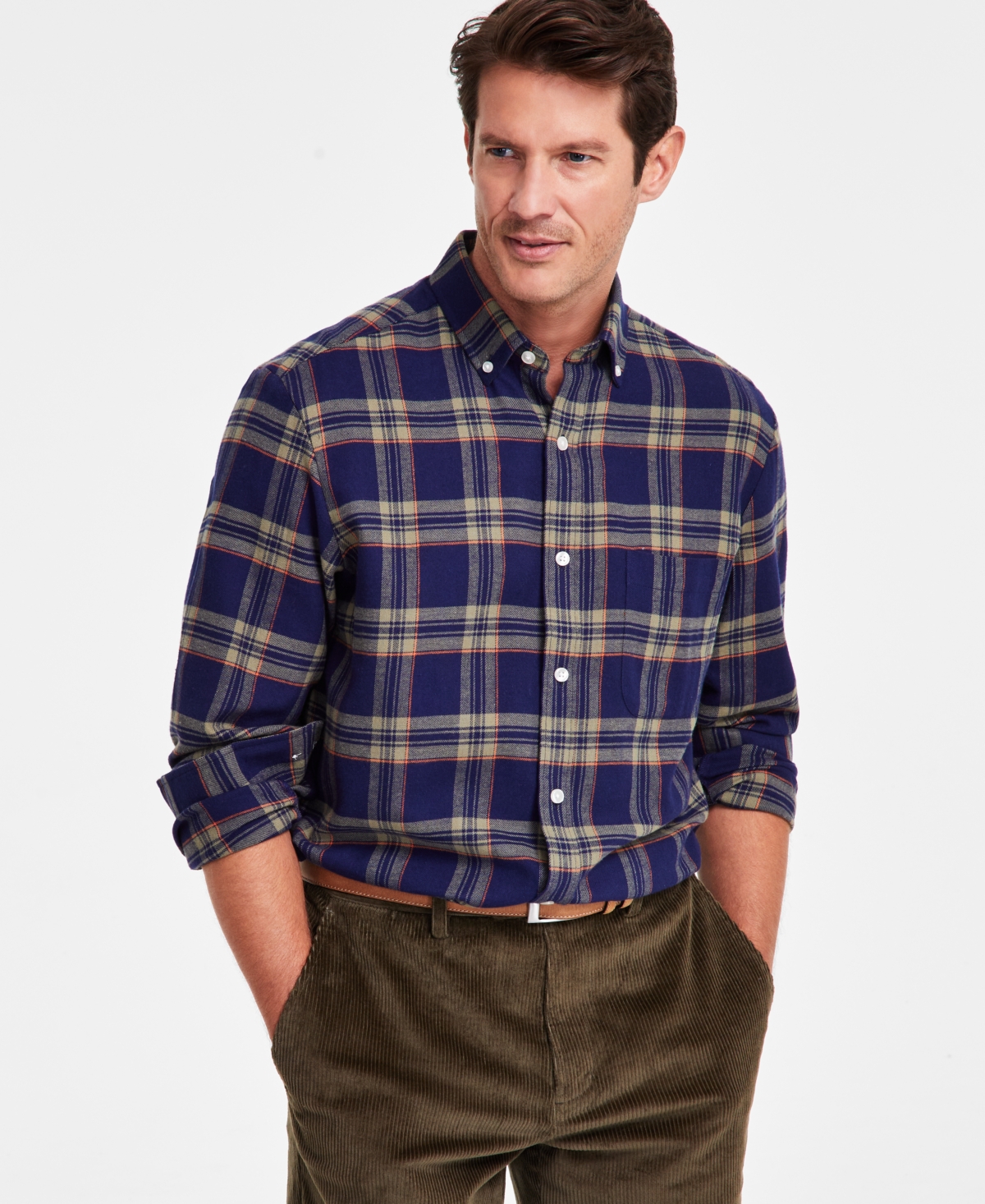 Men's Regular-Fit Plaid Flannel Shirt, Created for Macy's - Navy Blue