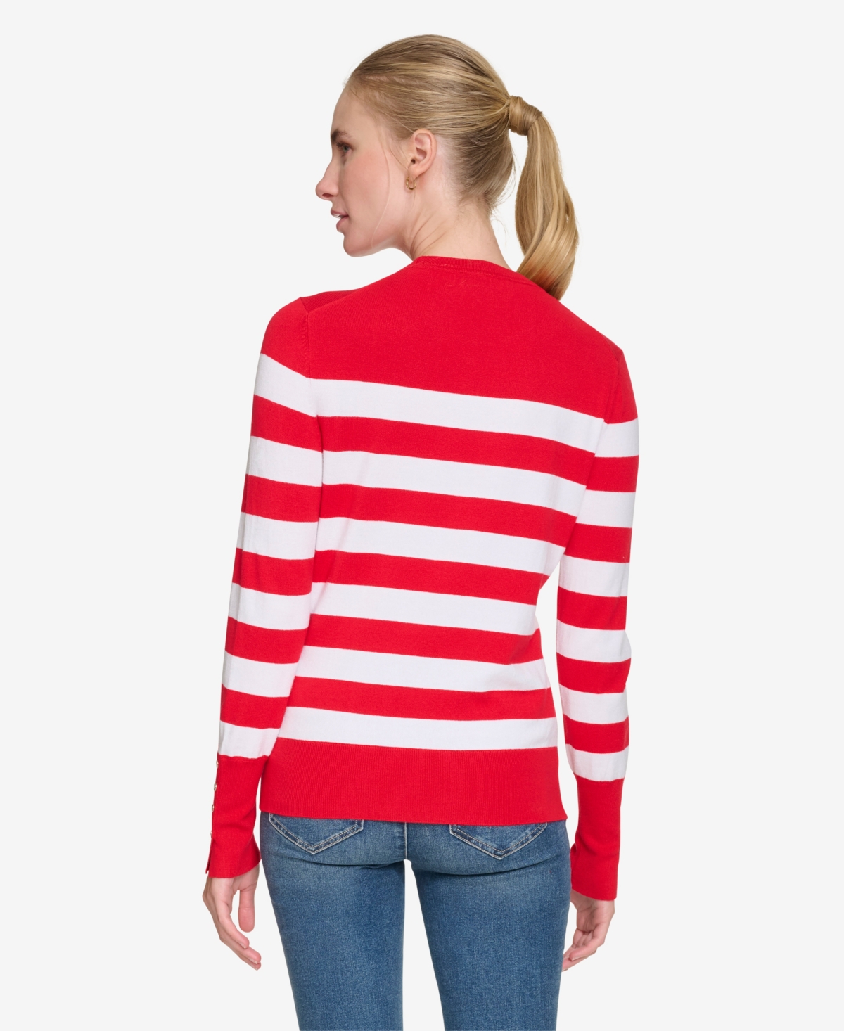 Nautica Jeans Women's Crewneck Stripe Sweater With Button Sleeve In Regatta Red,bright White