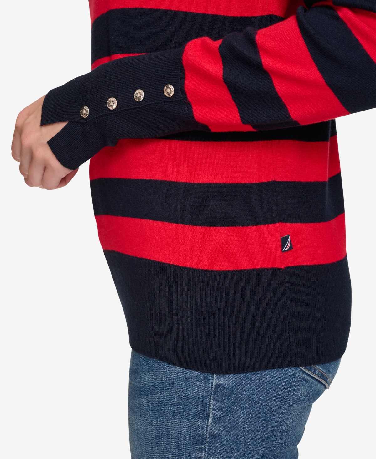 Nautica Jeans Women's Crewneck Stripe Sweater With Button Sleeve In Nigh Sky,regatta Red