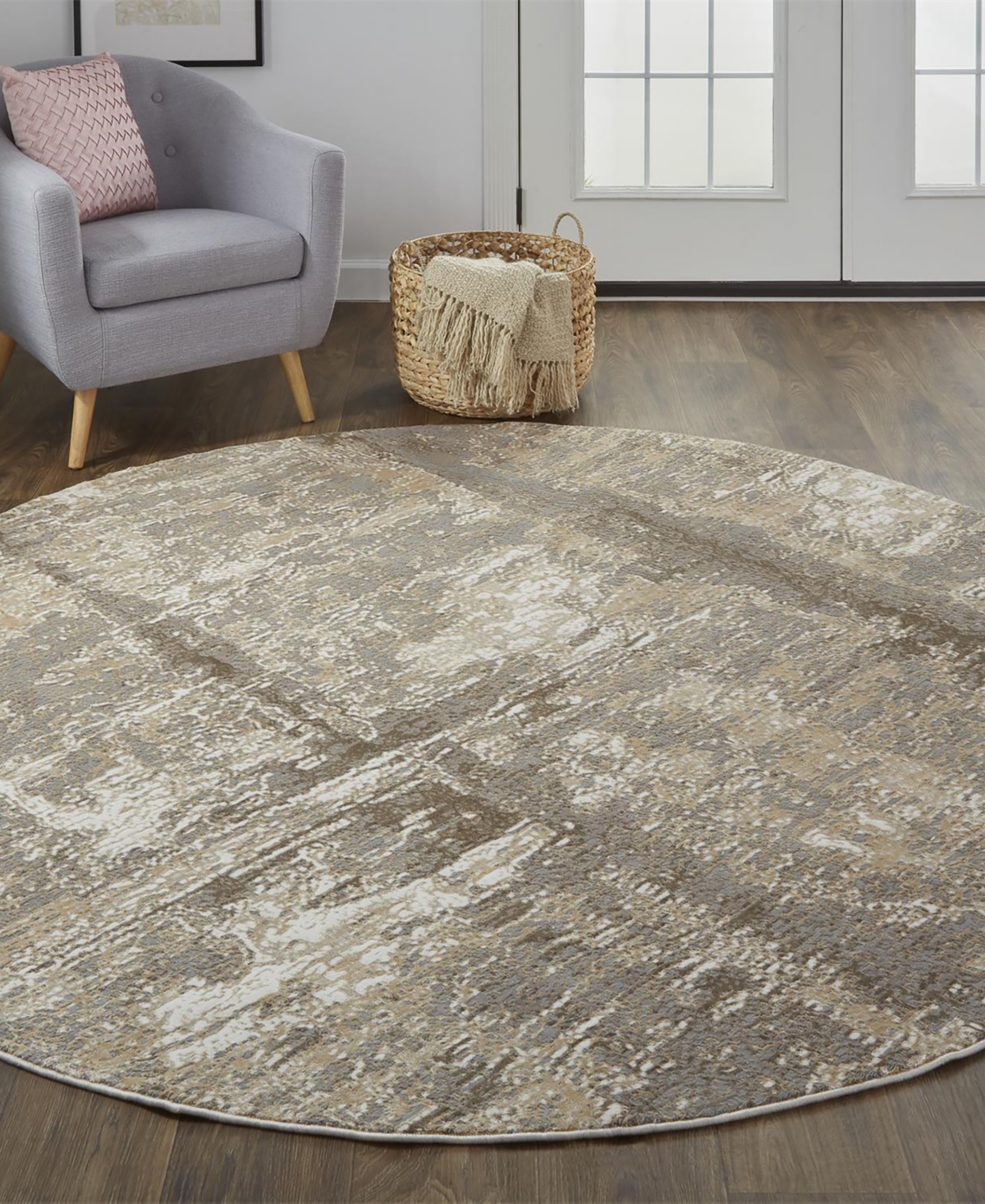 Feizy Parker 3701f 7'9"x7'9" Round Area Rug In Tan,ivory