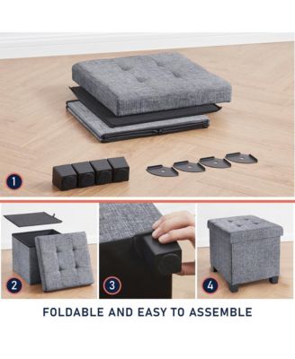 Foldable Tufted 15 Inch Square Linen Storage Ottoman with Legs
