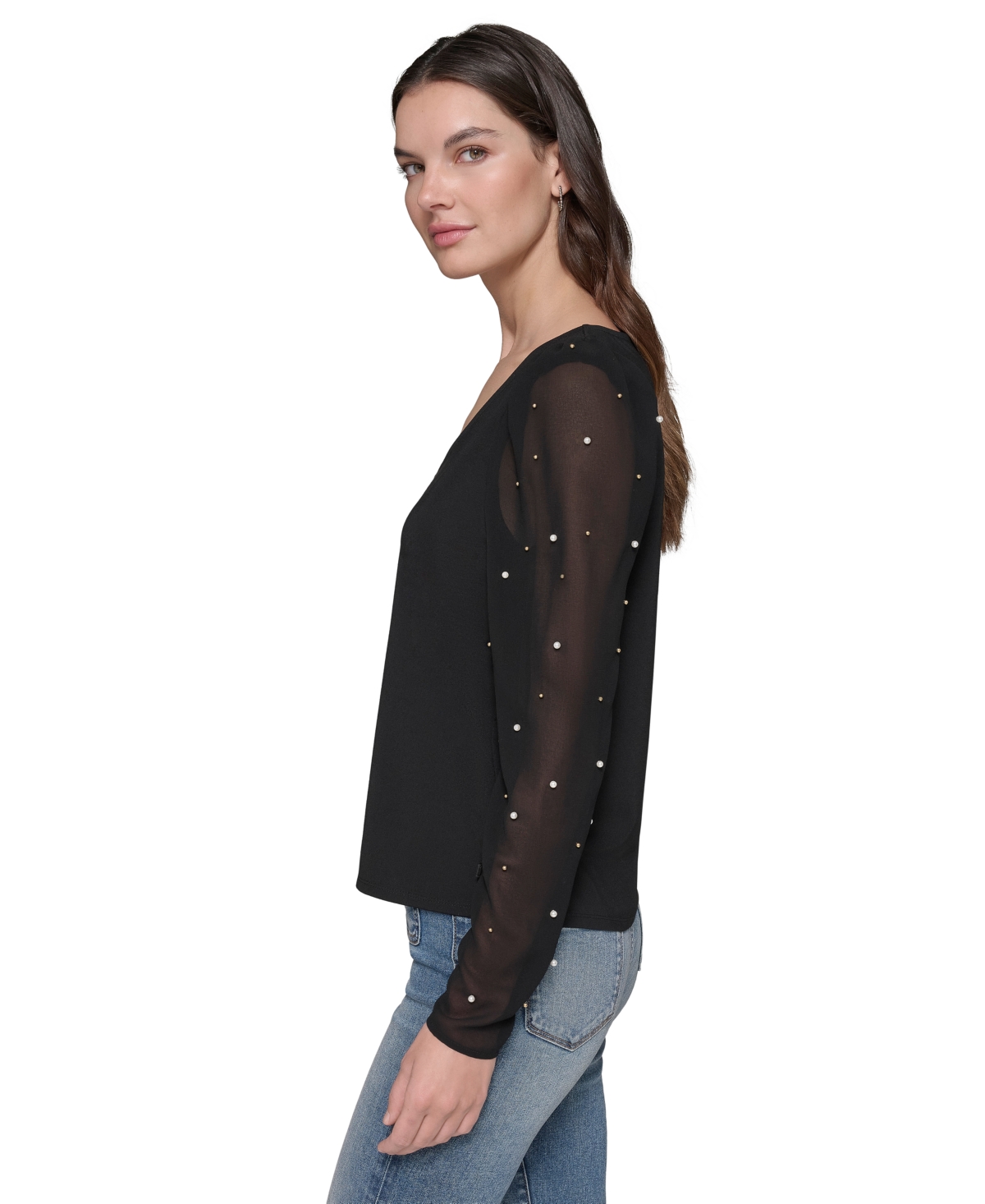 Karl Lagerfeld Paris Women's V-Neck Embellished Sheer-Sleeve Top