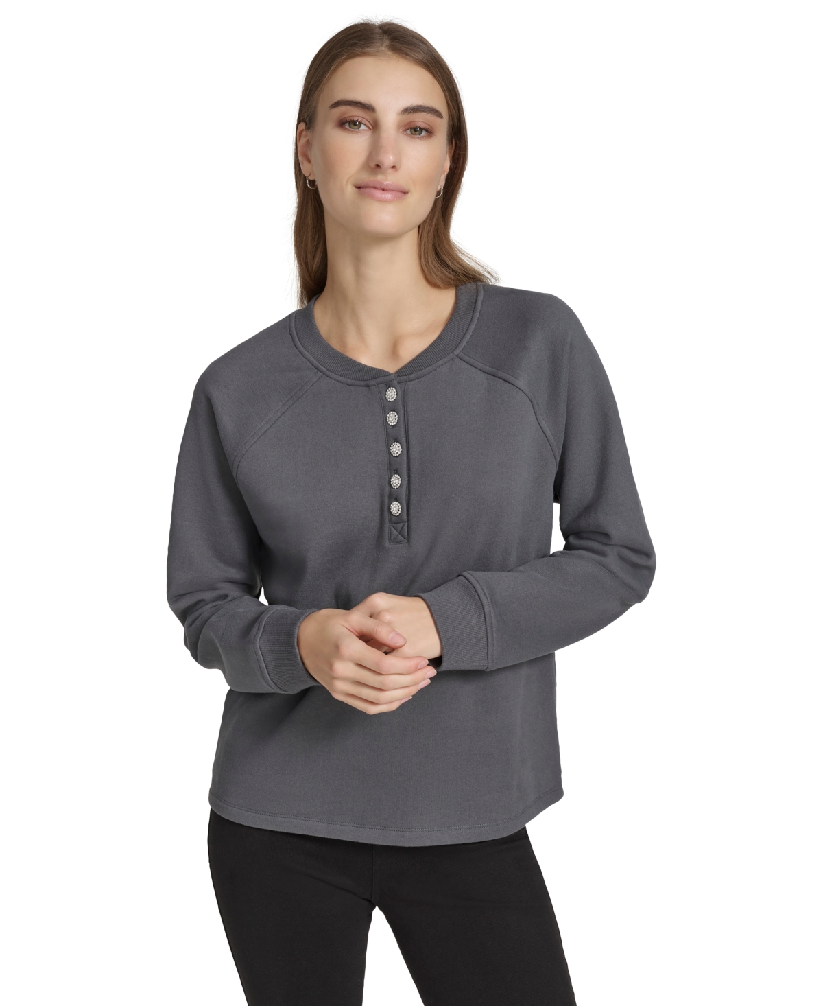 Marc New York Andrew Marc Sport Women's Embellished Fleece Crewneck Sweatshirt In Onyx
