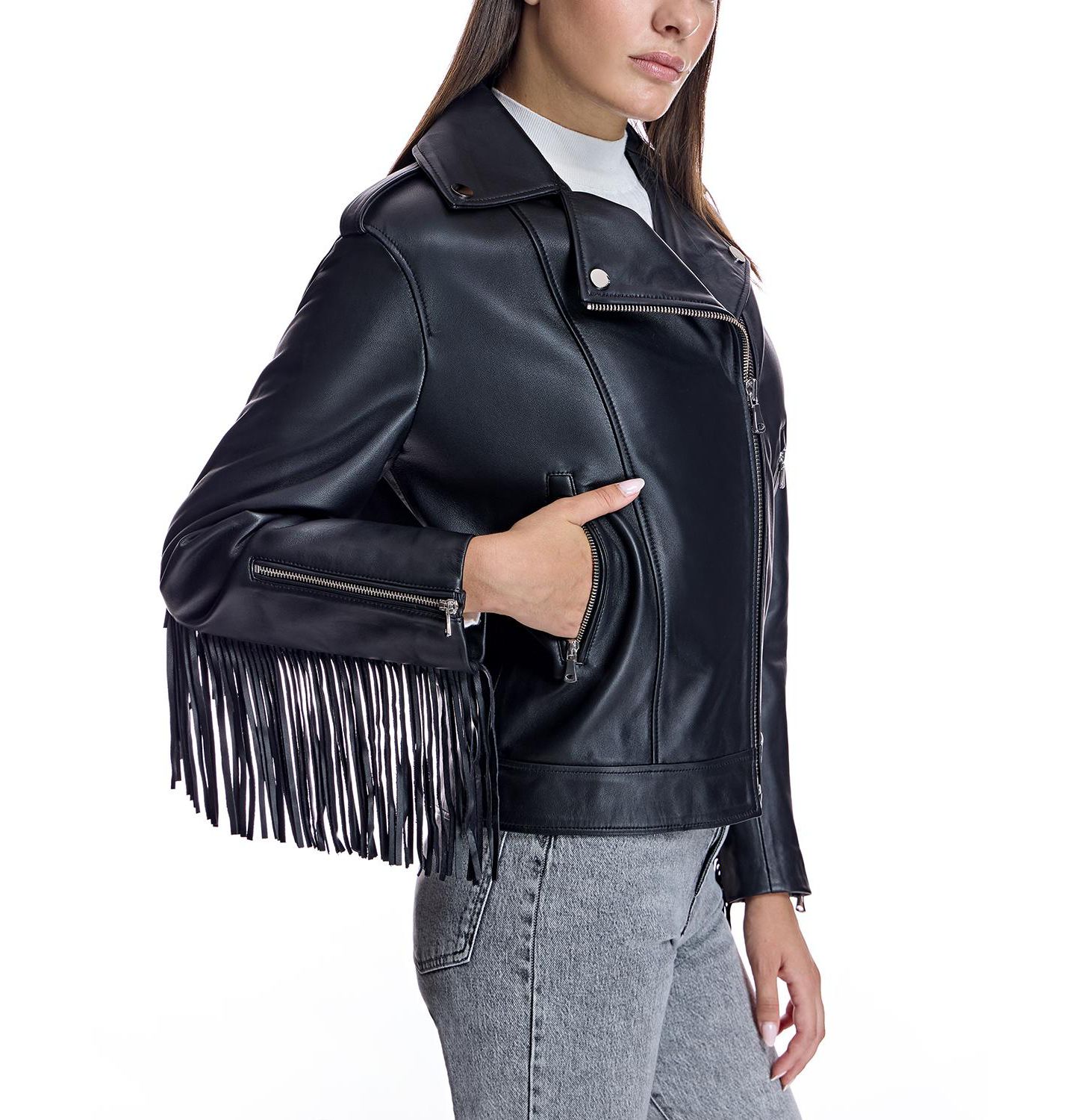 Женская куртка Julia & Stella By Maximilian Moto Jacket With Fringes, цвет: Чёрный — фото 2
