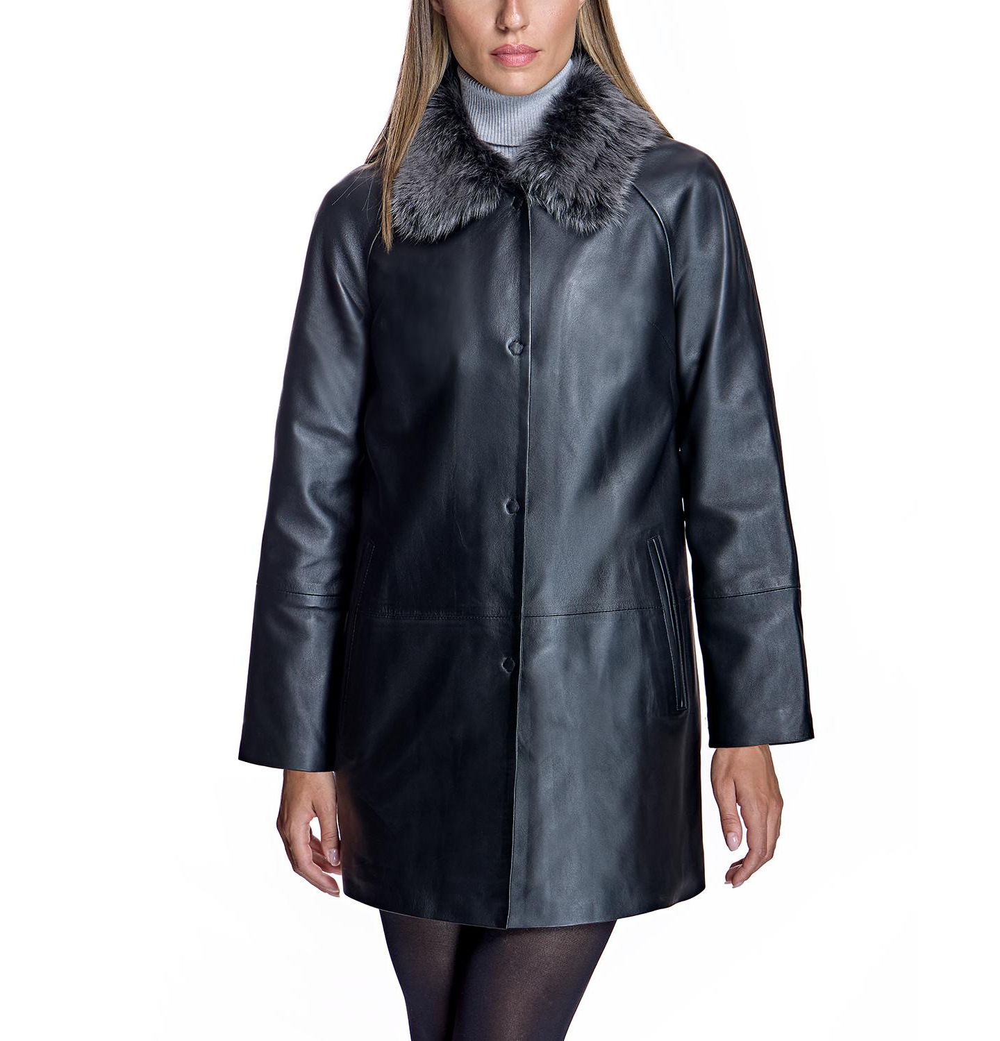 Женская куртка Julia & Stella By Maximilian Leather Jacket With Shearling Collar, цвет: Чёрный / Серый — фото 1