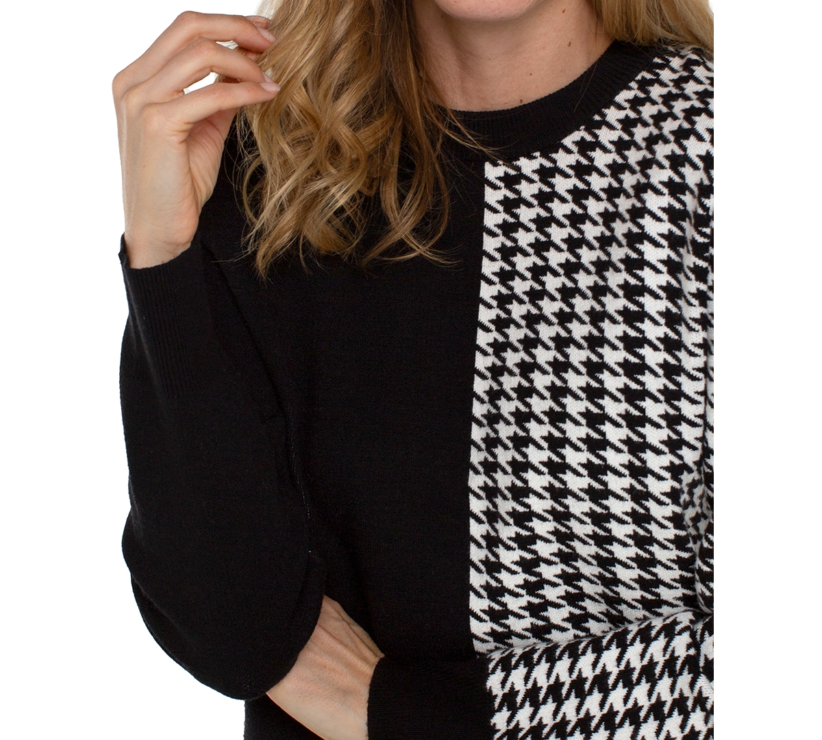 Liverpool Los Angeles Women's Colorblocked Houndstooth Sweater -white Houndstooth