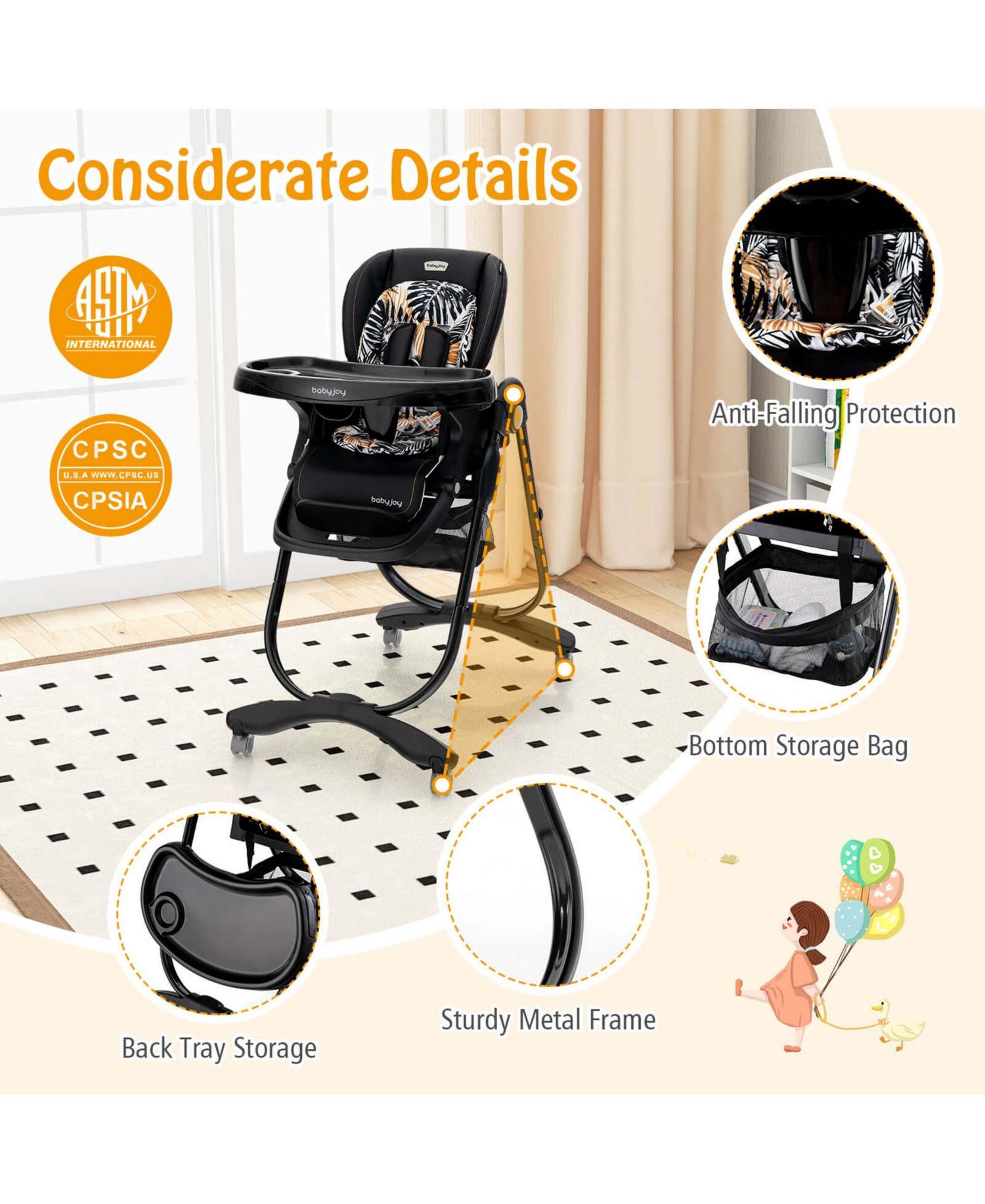 Highchair for Babies and Toddlers with Rolling Wheels Adjustable Height Footrest