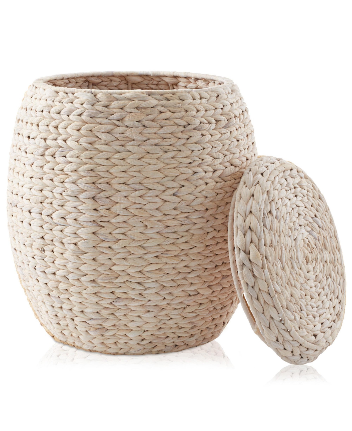 Round Storage Basket with Lid, Whitewash - Handwoven Water Hyacinth Hamper Organizer for Laundry, Blankets, Plants - Whitewash