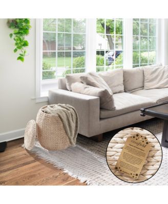 Round Storage Basket with Lid, Whitewash - Handwoven Water Hyacinth Hamper Organizer for Laundry, Blankets, Plants