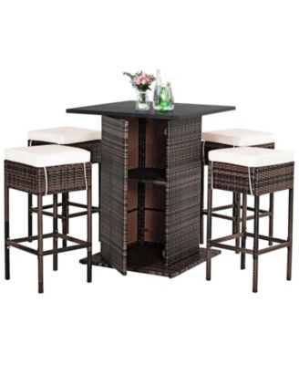 5 Pieces Patio Rattan Bar Furniture Set with Cushions and Hidden Storage Shelf