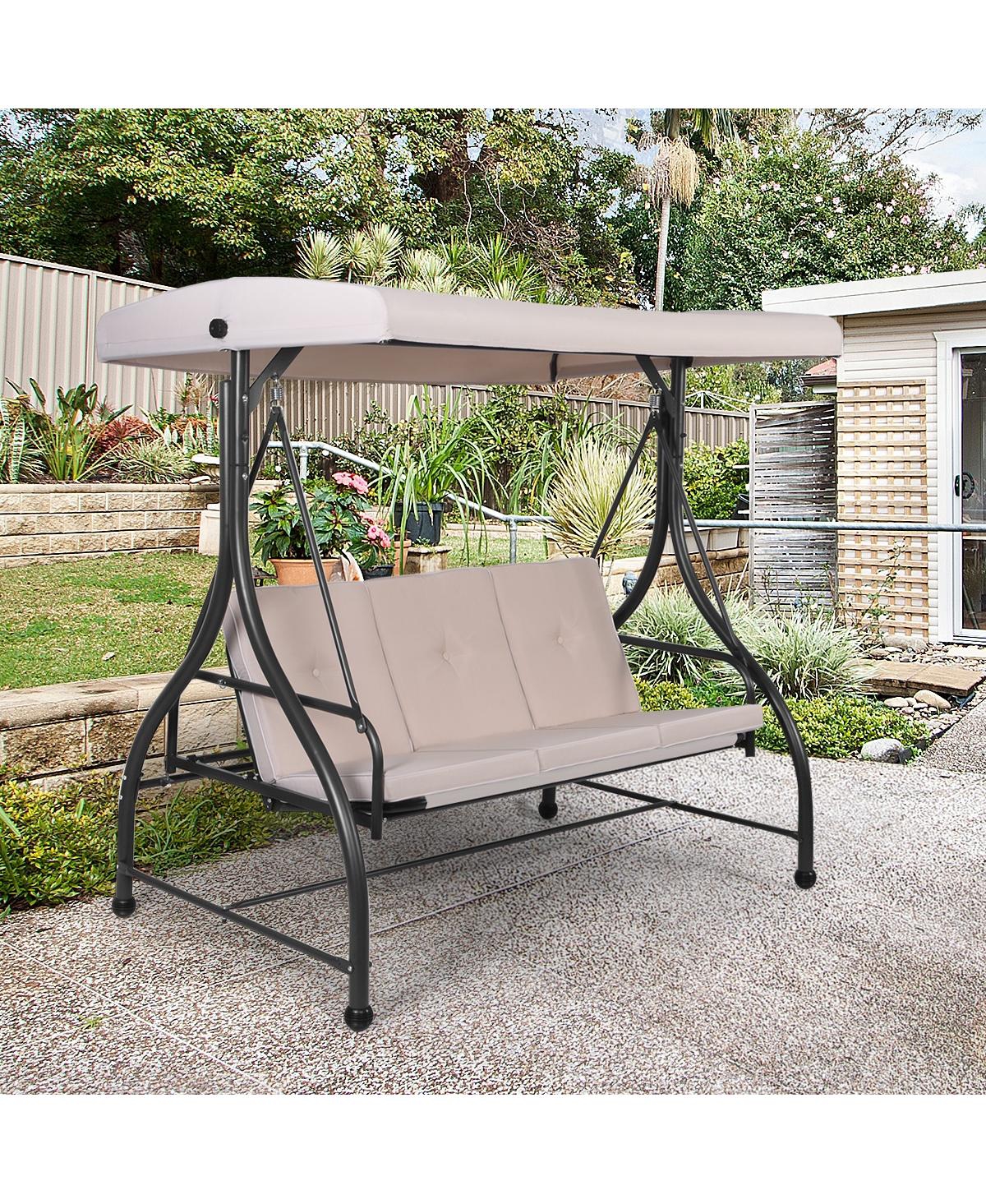 Skonyon 3 Seats Outdoor Swing Hammock with Adjustable Tilt Canopy -khaki
