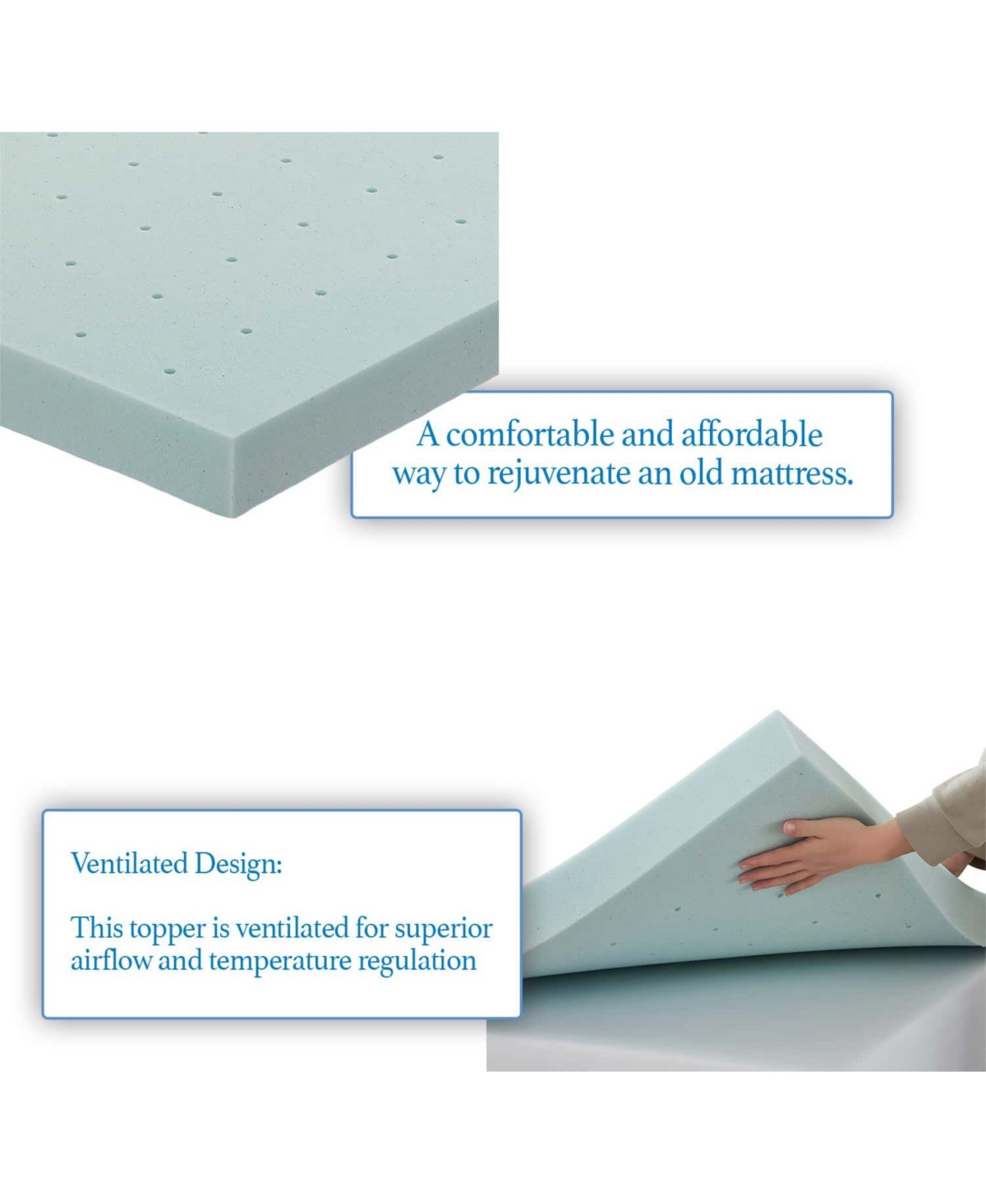 Clara Clark 3” Memory Foam Mattress Topper, Ventilated Design Infused with Cooling Gel - -pastel Blue