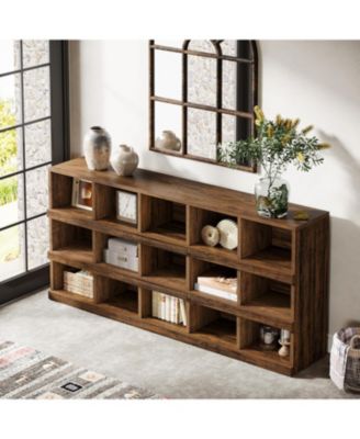 63-Inch Farmhouse Console Table, 15-Cube Narrow Entryway Table, 4-Tier Wood Behind Couch Sofa Table, All Wood Hallway Table with Storage for Entryway, Foyer, Living Room