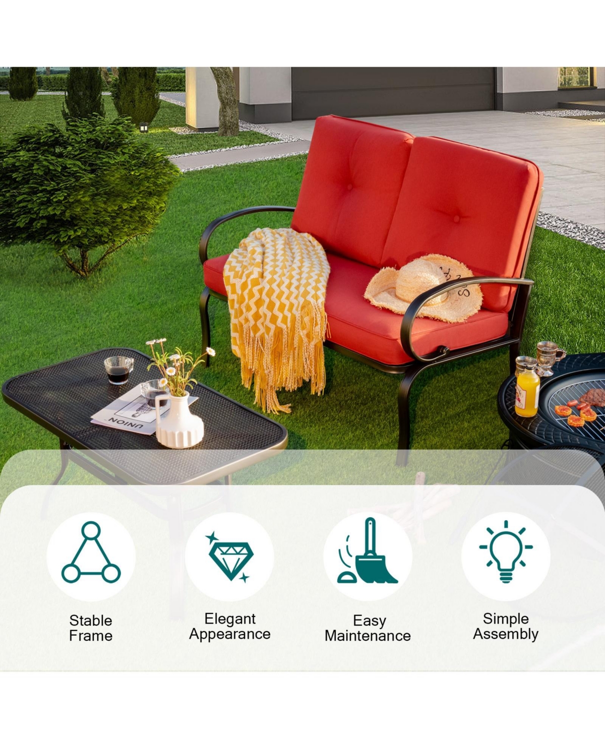 Sugift 2 Pieces Patio Outdoor Cushioned Coffee Table Seat- Red