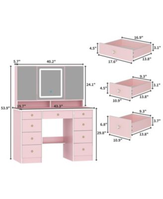Pink Modern Makeup Vanity Desk 9-Drawers Wood Dressing Table with 3 Mirrors, Hidden Storage Shelves, LED Lighted Lights