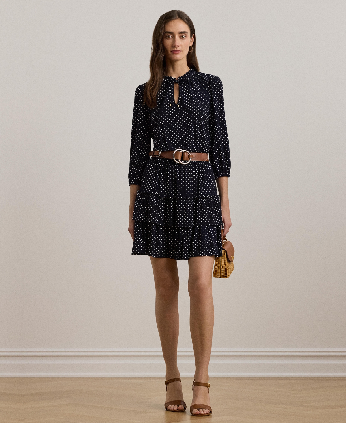Lauren Ralph Lauren Women's Polka-Dot Jersey Tiered Tie-Neck Dress -cream