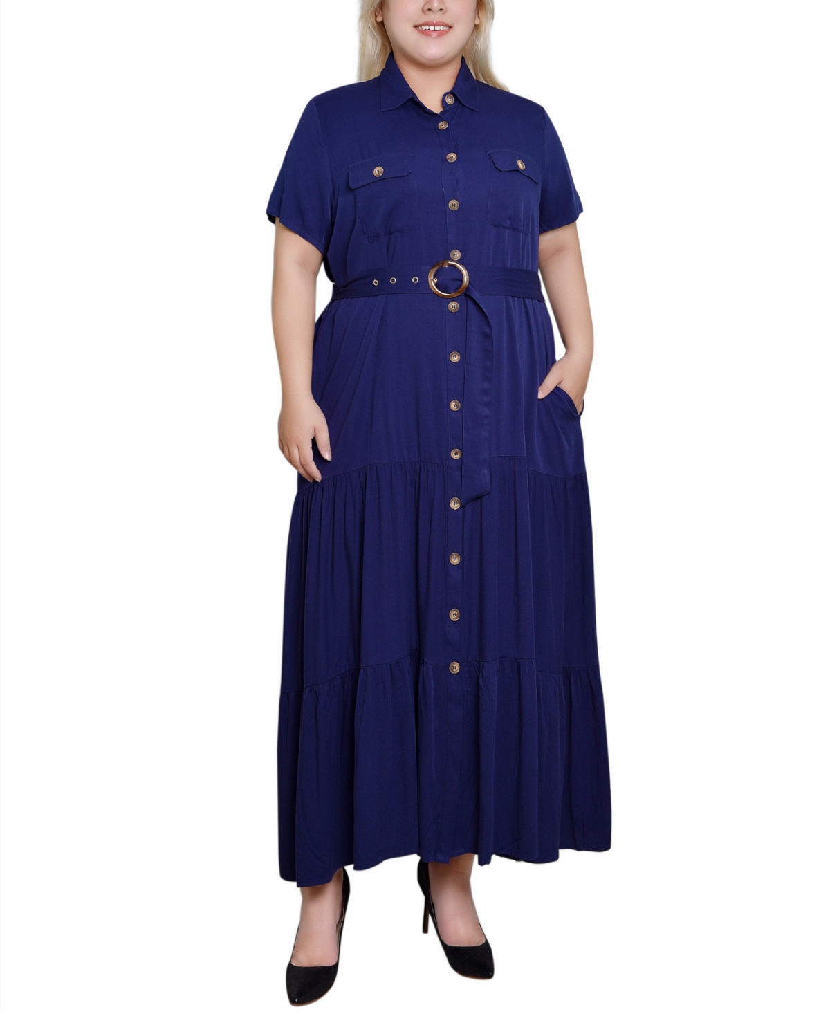 Ny Collection Plus Size Short Sleeve Midi Twill Dress In Navy