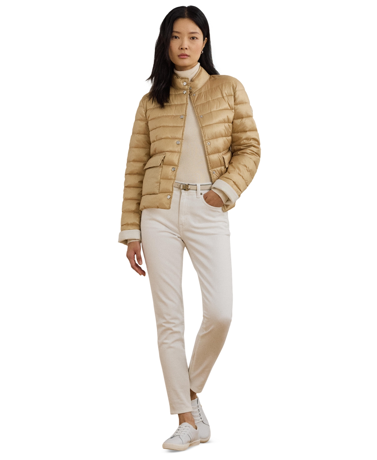 Shop Ralph Lauren Petite Snap-front Stand-collar Packable Coat In Sand Dune