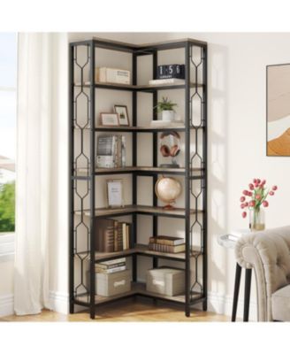 Corner Shelf, 7-Tier Industrial Corner Bookshelf, Wood and Metal Corner Etagere Bookcase, Freestanding Display Shelf for Living Room