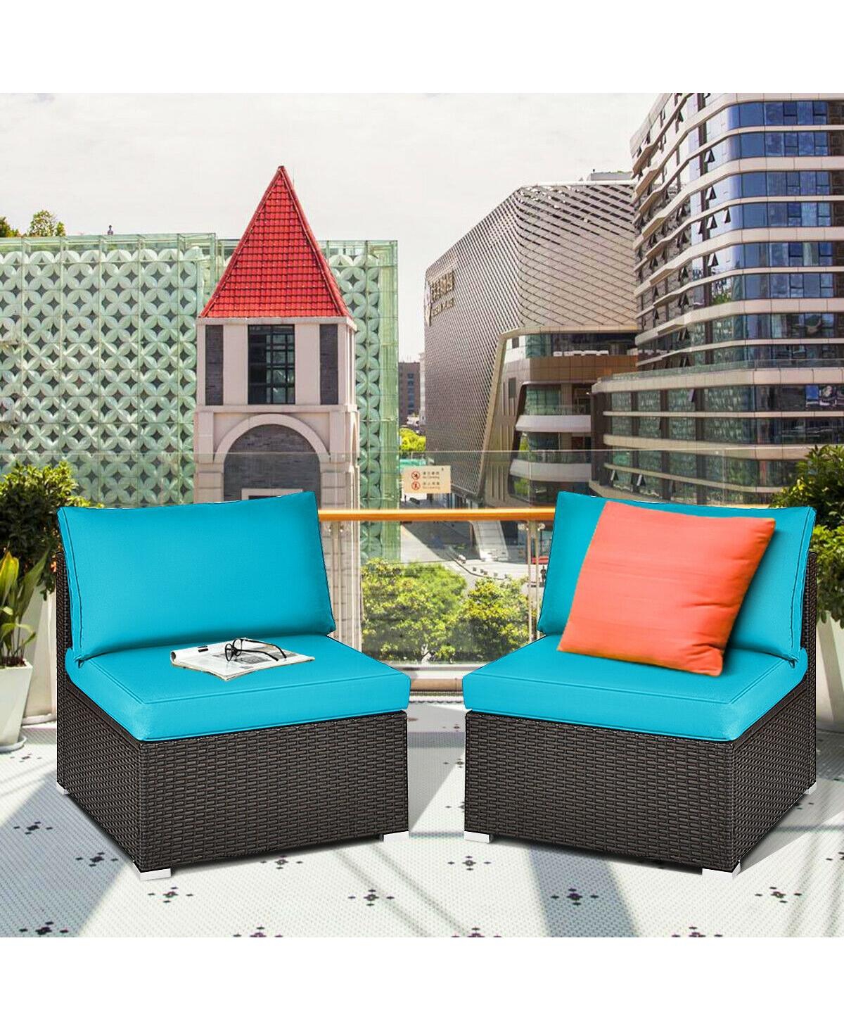 Skonyon 2 Pieces Patio Rattan Armless Sofa Set with 2 Cushions and 2 Pillows -aqua