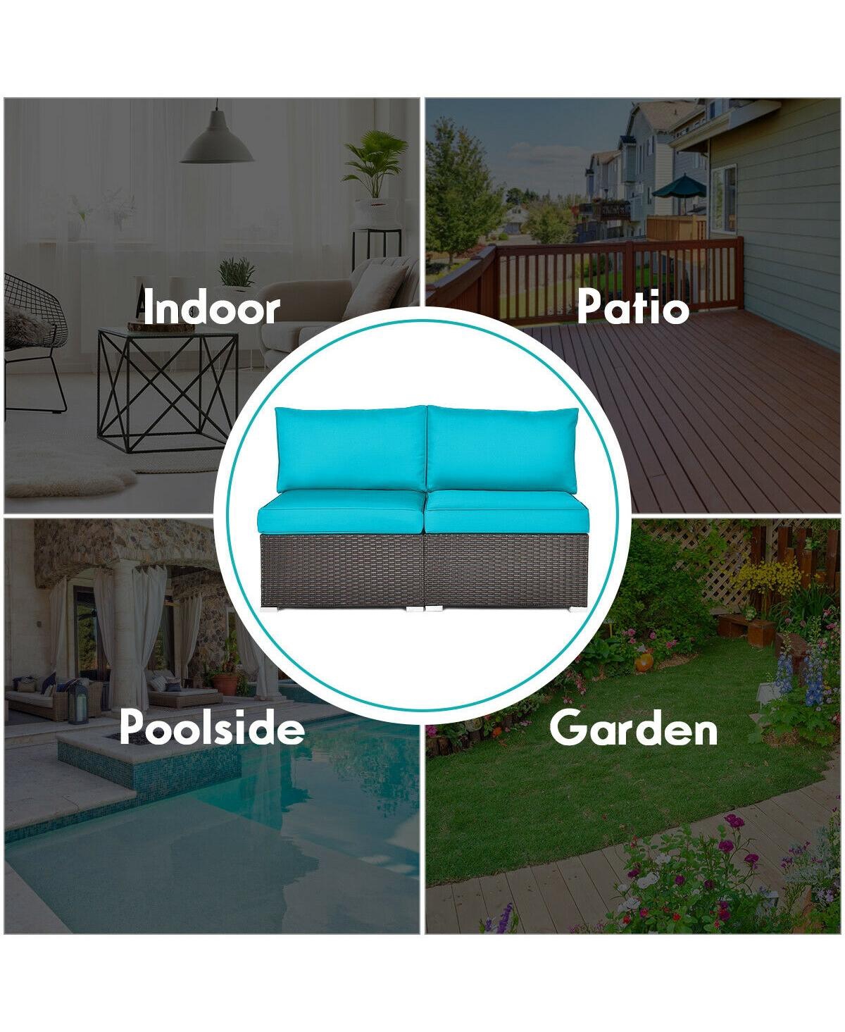 Skonyon 2 Pieces Patio Rattan Armless Sofa Set with 2 Cushions and 2 Pillows -aqua