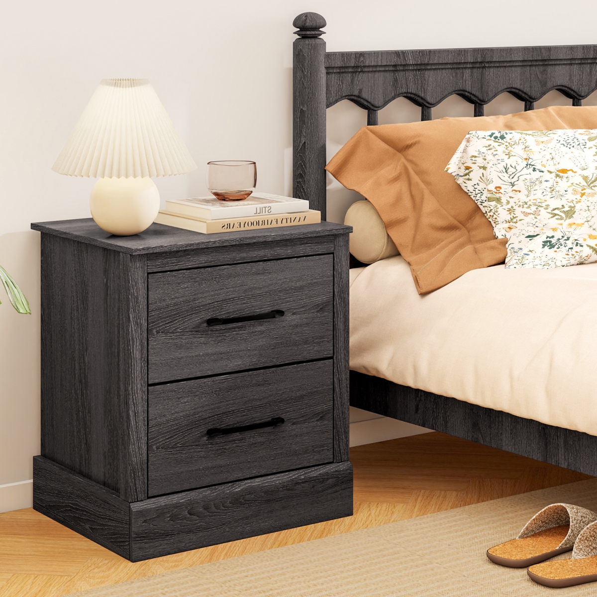 Gymax Set of 2 Drawer Nightstand Bedside Table Compact Sofa End Table Oak Dark Grey