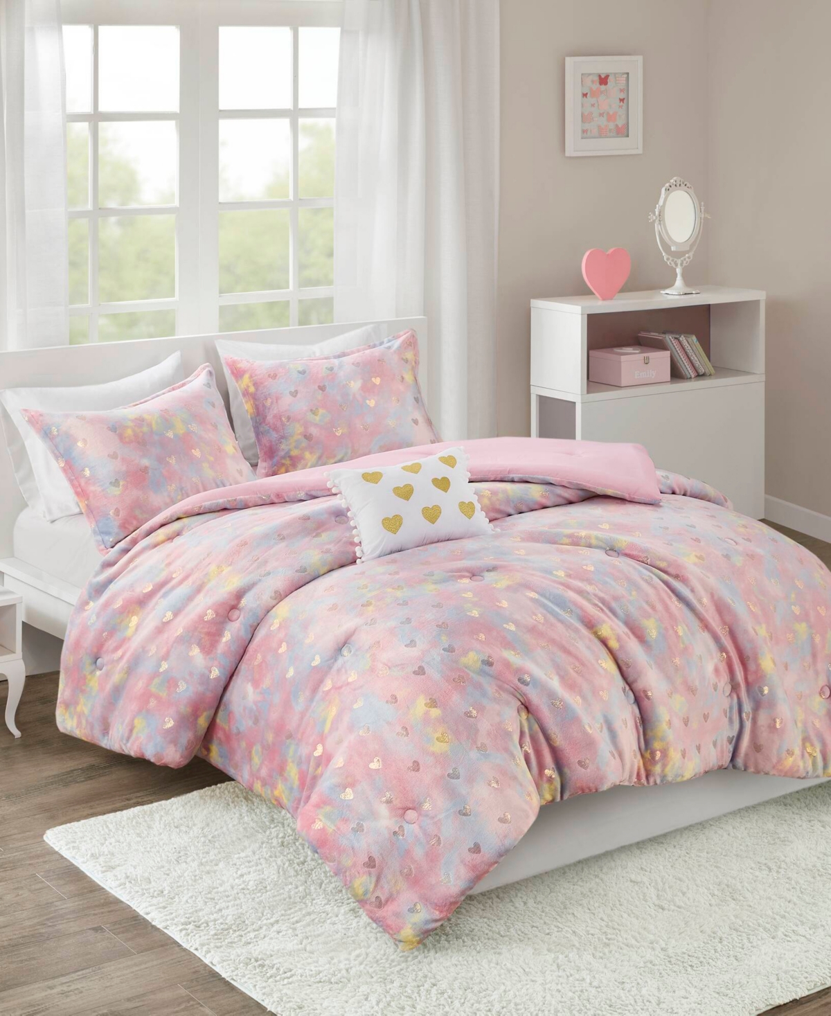 Mi Zone Rosalie Metallic Heart 4-pc. Comforter Set, Full/queen In Pink Multi,gold