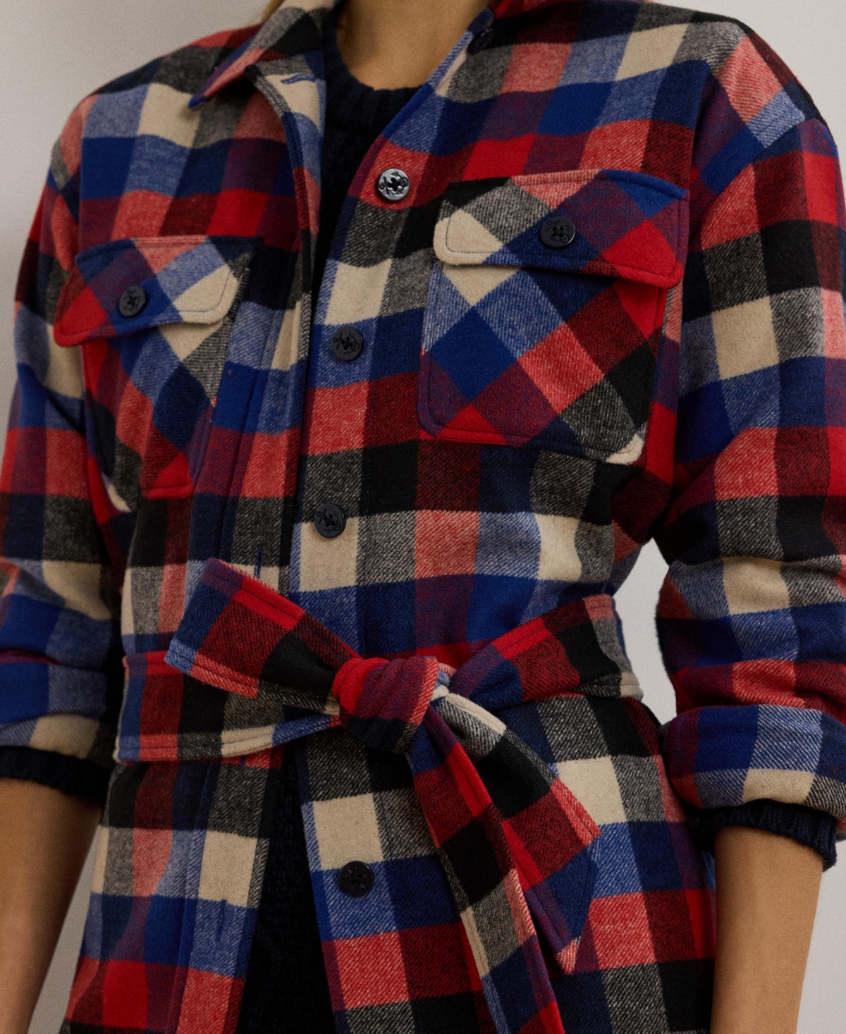 Lauren Ralph Lauren Women's Buffalo Check Belted Twill Shirt Jacket -black/blue/cream