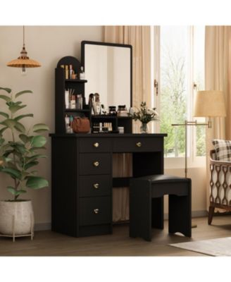 5-Drawers White Makeup Vanity Table Wooden Dressing Desk With Mirror and 3-Tier Storage Shelves