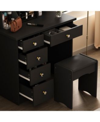 5-Drawers White Makeup Vanity Table Wooden Dressing Desk With Mirror and 3-Tier Storage Shelves