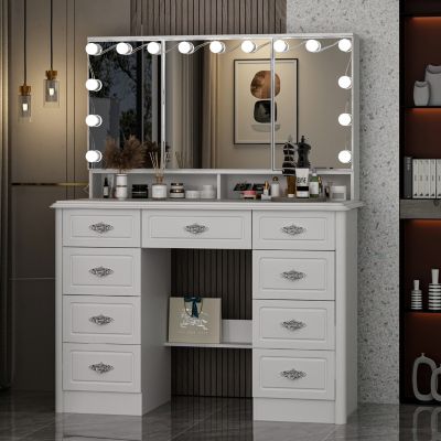 FAMAPY White Makeup Vanity Table Dressing Desk W 3 Mirrors Lighted Mirror Drawers Hidden Storage Shelves Carved Metal Handles Macy s