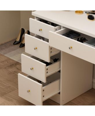 5-Drawers White Makeup Vanity Table Wooden Dressing Desk With Mirror and 3-Tier Storage Shelves