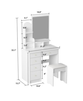 5-Drawers White Makeup Vanity Table Wooden Dressing Desk With Mirror and 3-Tier Storage Shelves