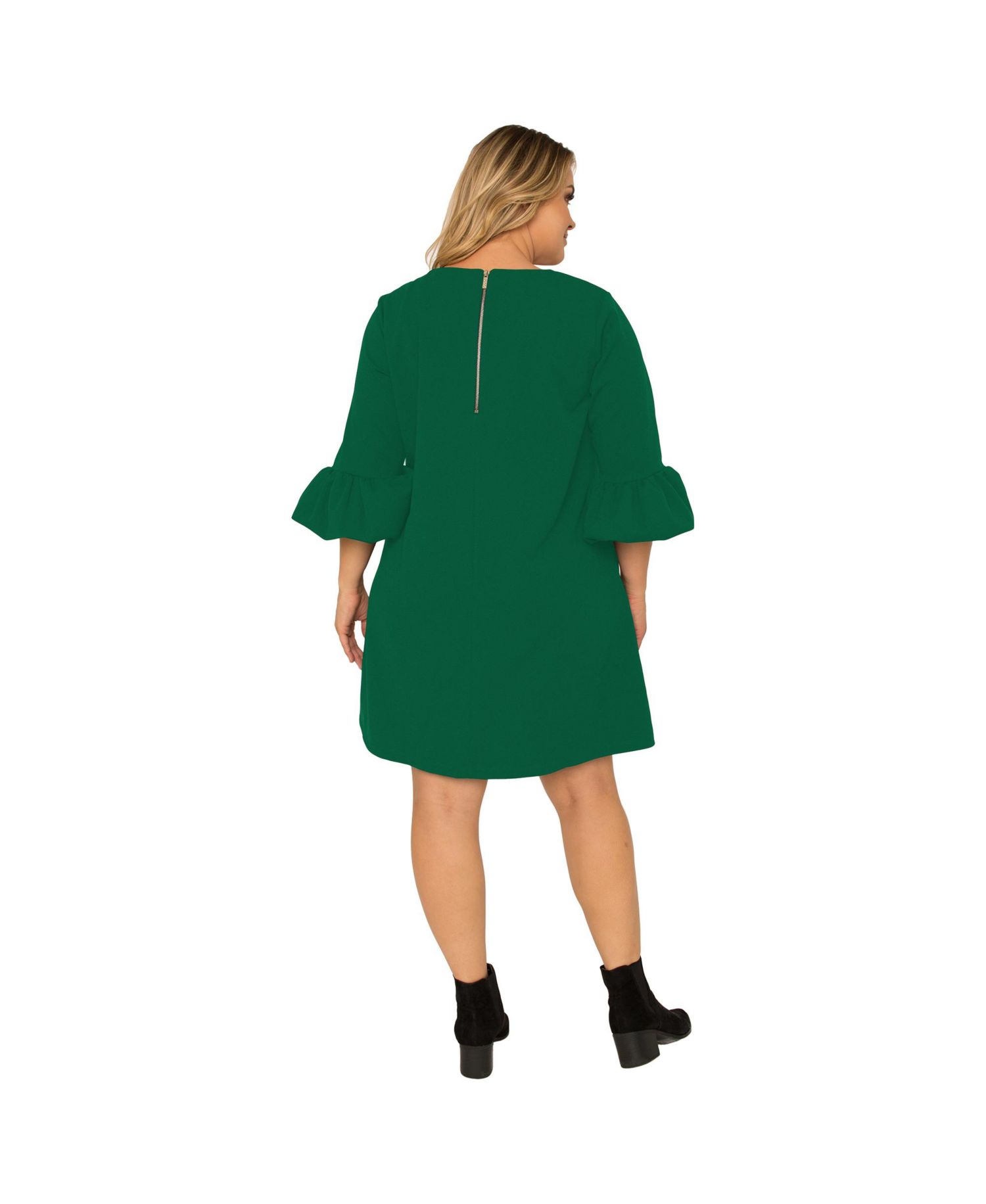 Plus Size Crepe Knit 3/4 Balloon Sleeves Midi Shift Dress