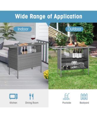 Outdoor Patio Wicker Bar Table with Metal Shelves