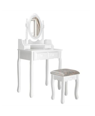 Vanity Table Set with Oval Mirror and 4 Drawers