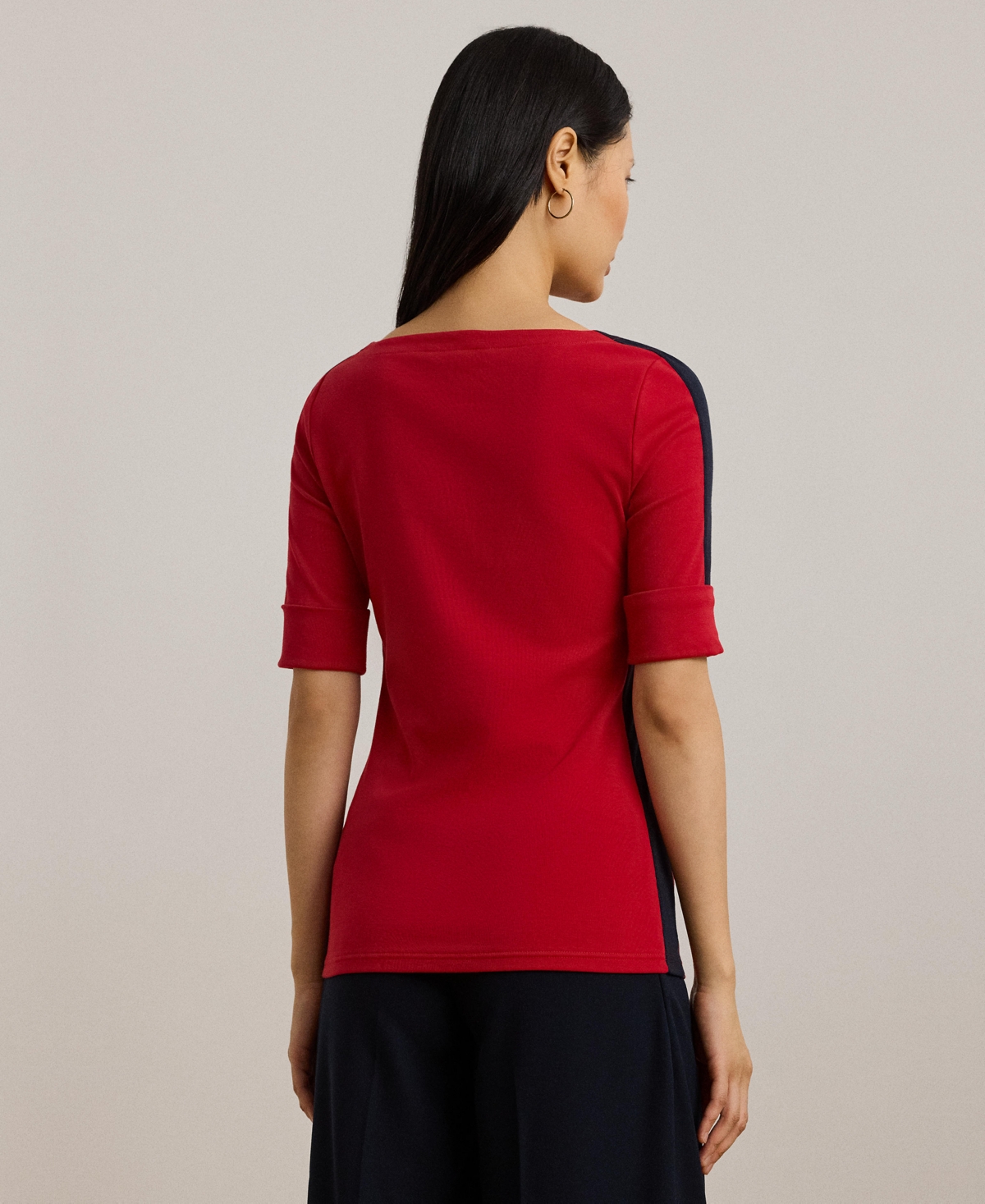 Lauren Ralph Lauren Women's Two-Tone Stretch Cotton Elbow-Sleeve Tee, Regular & Petite - Festive Red  Lauren Navy