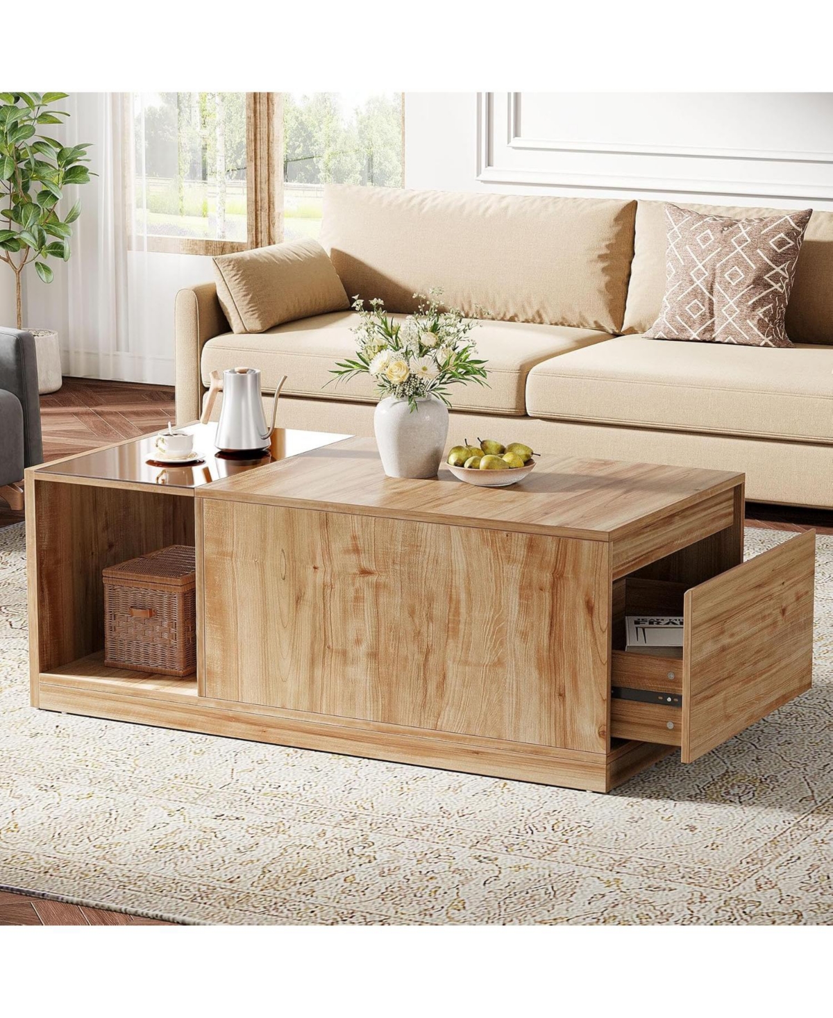 Tribesigns 47.24-Inch Coffee Table with Drawer & Storage Shelf, Farmhouse Coffee Table with Tawny Glass, Wood Center Table for Living Room, Modern Hom